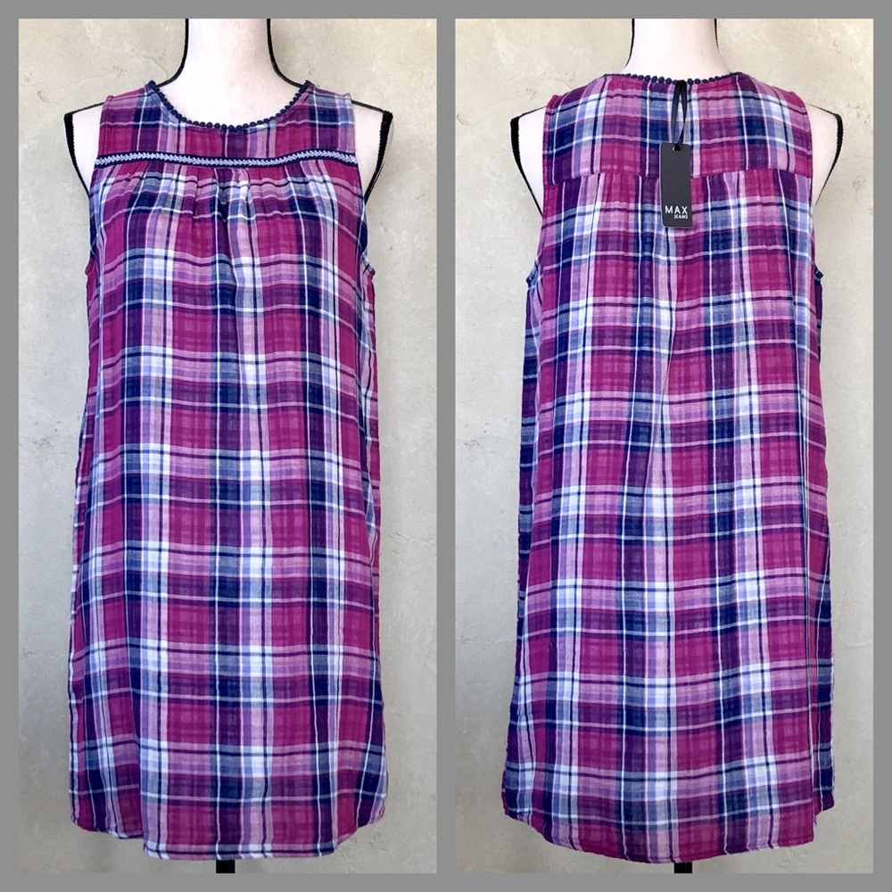 NWT Max Jeans Mauve Plaid Embroidered Shift Dress